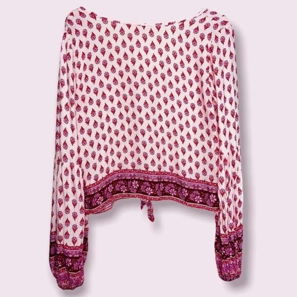 Hollister Boho Long Sleeve Crop Top Pink Flowy Button Front Shirt Womens Size M - Picture 2 of 9